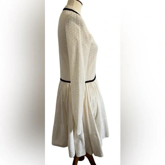 MAJE Rayane Ivory Black Piping Eyelet Lace Puffball Lined Dress Size 3 Large - Picture 5 of 14